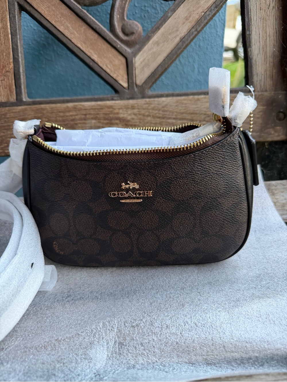 Coach Brown Signature Mini Crossbody with Gold Hardware